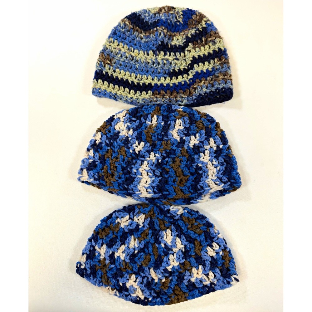 Handmade Crochet Beanie Hat Lot 3pc Blue Camo Skull Cap Winter Toboggan NWOT